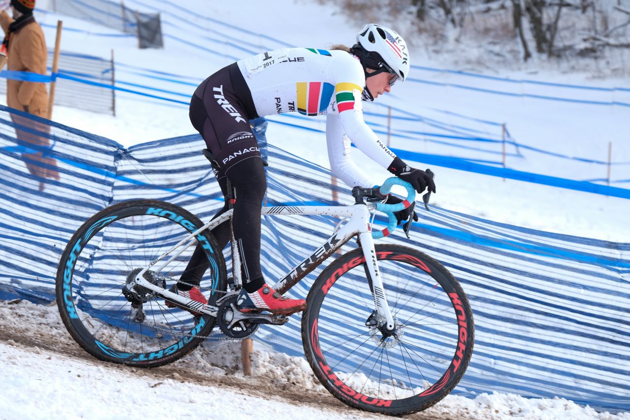 Katie Compton (Trek-Panache) descending off the levy