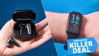 A split photo showing the EarFun Air Pro 3 on the left and the Amazfit Band 7 on the right.