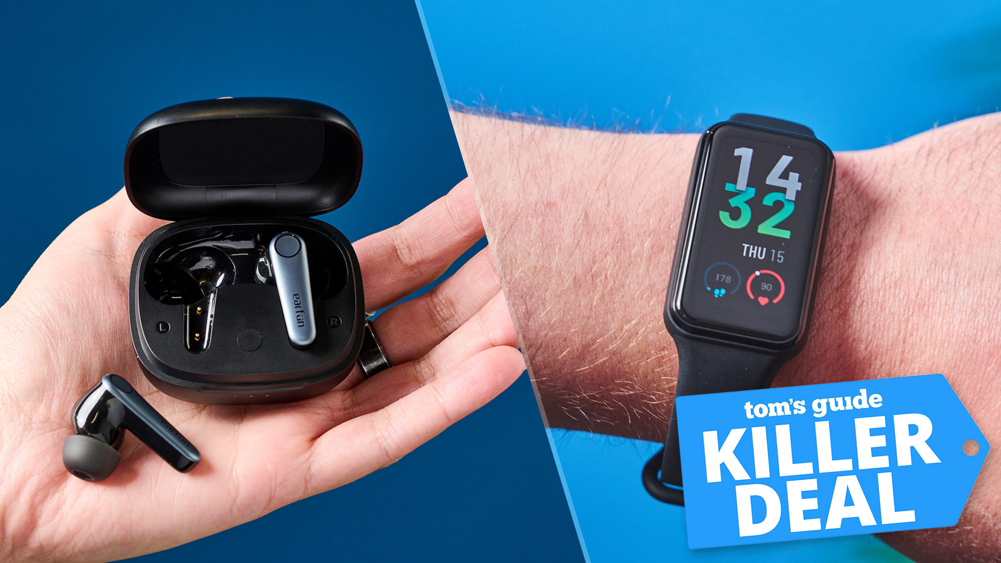 A split photo showing the EarFun Air Pro 3 on the left and the Amazfit Band 7 on the right.
