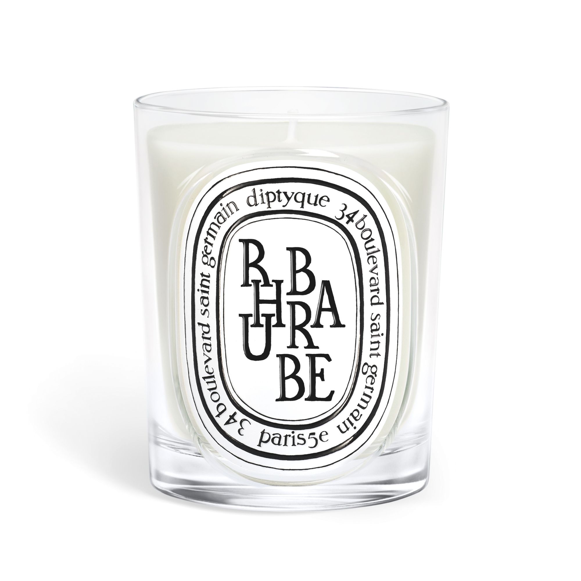 One of the new Diptyque candles, the rhubarbe, on a white background
