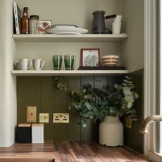a corner of a kitchen with cream walls, green painted panelling and wood worktops with open shelving