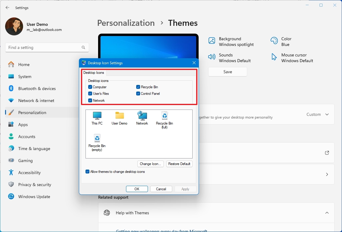 Windows 11 add classic desktop icons
