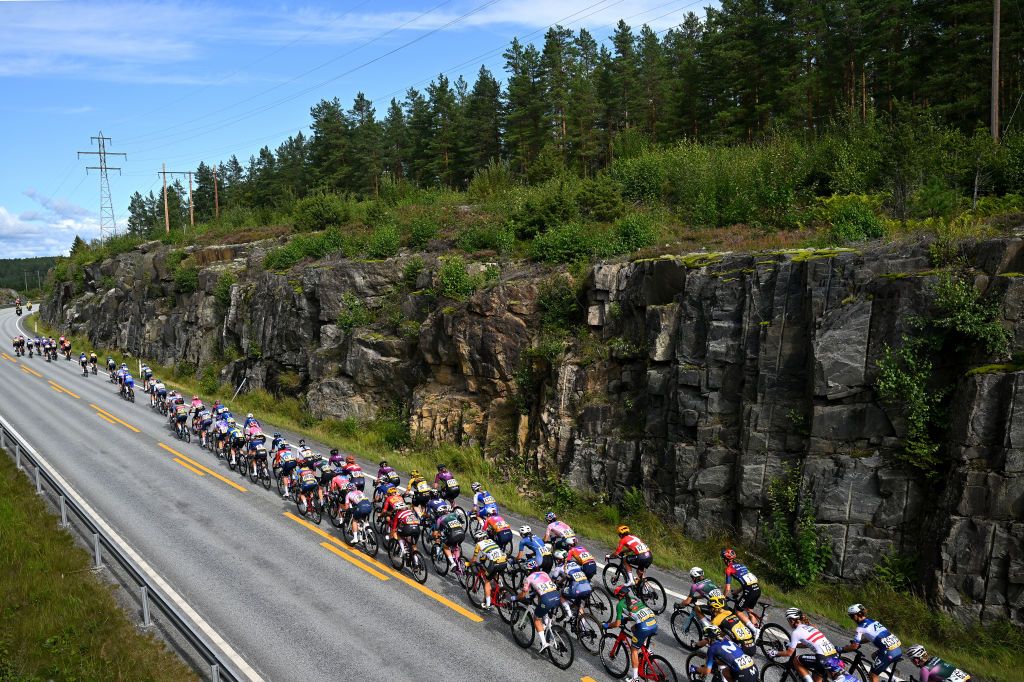 NOREFJELL NORWAY AUGUST 24 A general view of the peloton competing during the 9th Tour of Scandinavia 2023 Battle Of The North Stage 2 a 1505km stage from Vikersund to Norefjell 791m UCIWWT on August 24 2023 in Norefjell Norway Photo by Luc ClaessenGetty Images