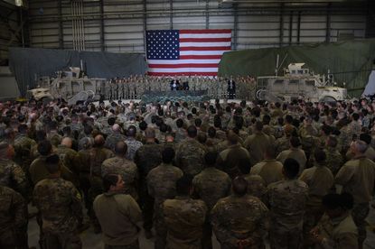 Donald Trump speaks to U.S. troops in Afghanistan.