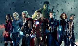 Avengers: Age of Ultron the team stands next to Scarlet Witch and Quicksilver in front of tons of Ul