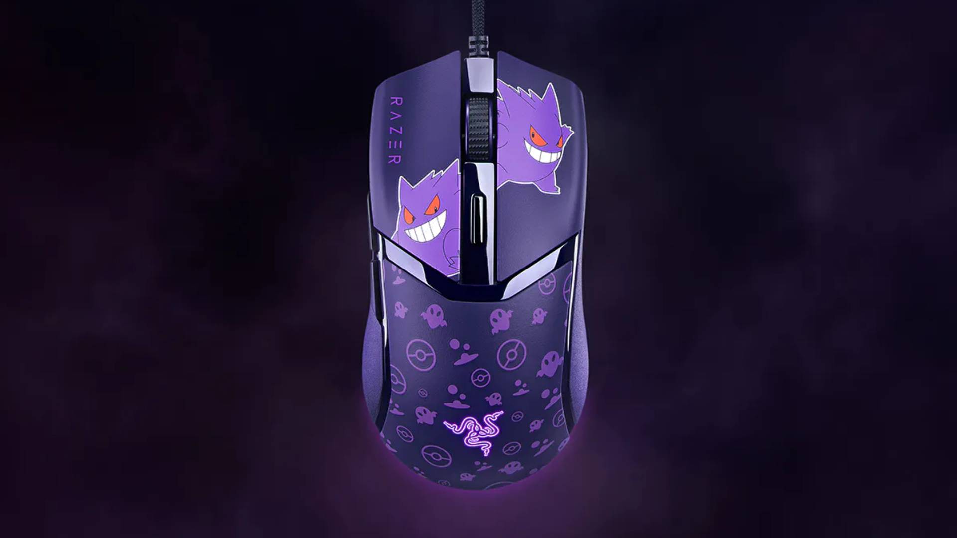 Promotional image showing a dark purple wired gaming mouse featuring Pokemon Gengar, with a darker purple background.