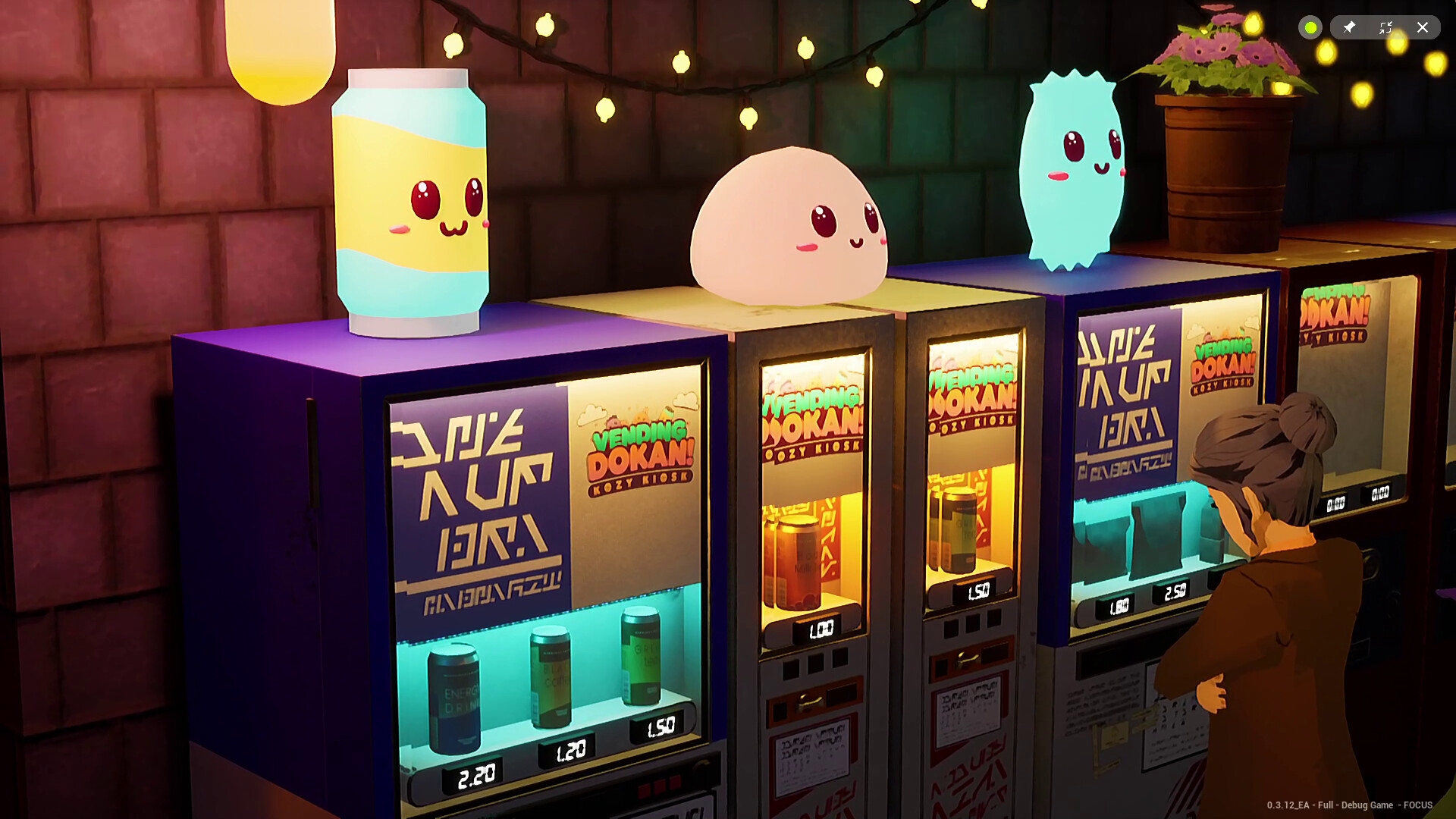 Vending Dokan! Kozy Kiosk image showing a woman looking at various vending machines with different drinks and snacks