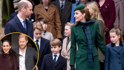 A roundel showing Meghan, Duchess of Sussex and Prince Harry, Duke of Sussex at The Community Recording Studio (CRS) and a picture of the Wales family at St Mary Magdalene Church on December 25, 2024