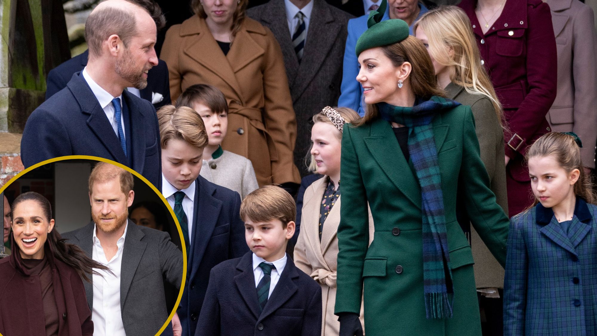 A roundel showing Meghan, Duchess of Sussex and Prince Harry, Duke of Sussex at The Community Recording Studio (CRS) and a picture of the Wales family at St Mary Magdalene Church on December 25, 2024