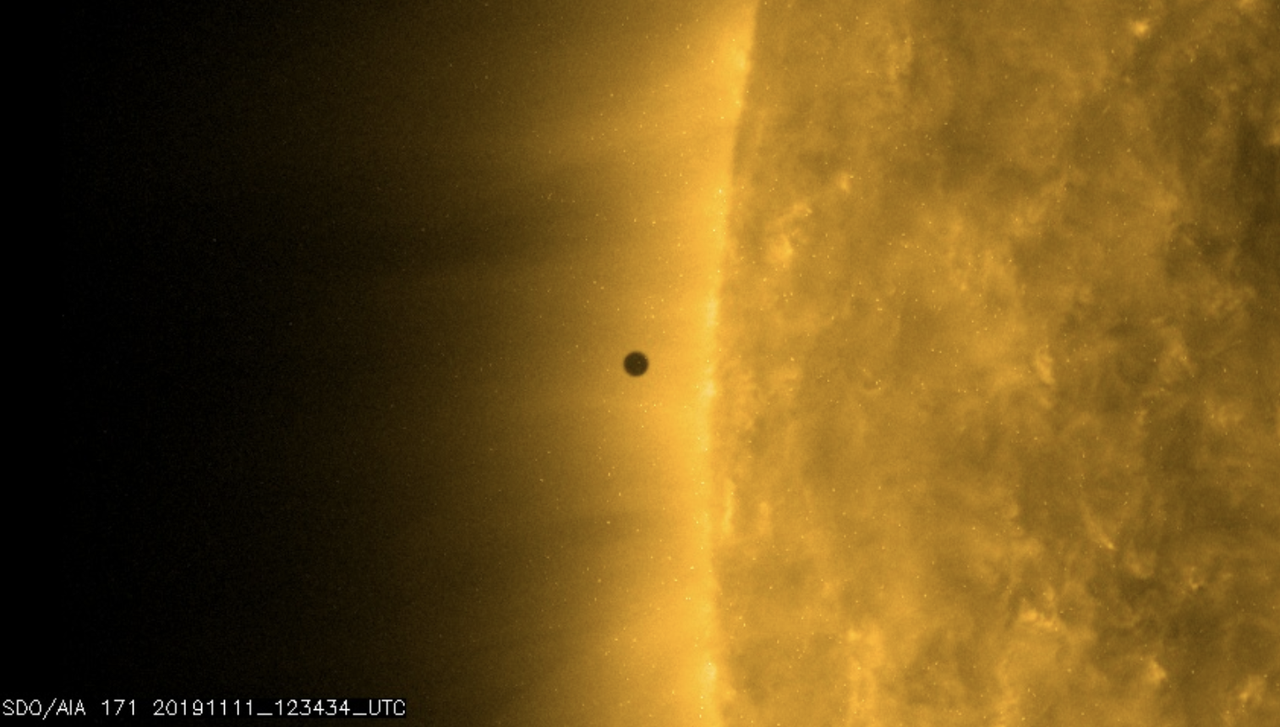 Another view from the Atmospheric Imaging Assembly instrument on NASA's Solar Dynamics Observatory shows Mercury approaching the sun's disk on Nov. 11, 2019.