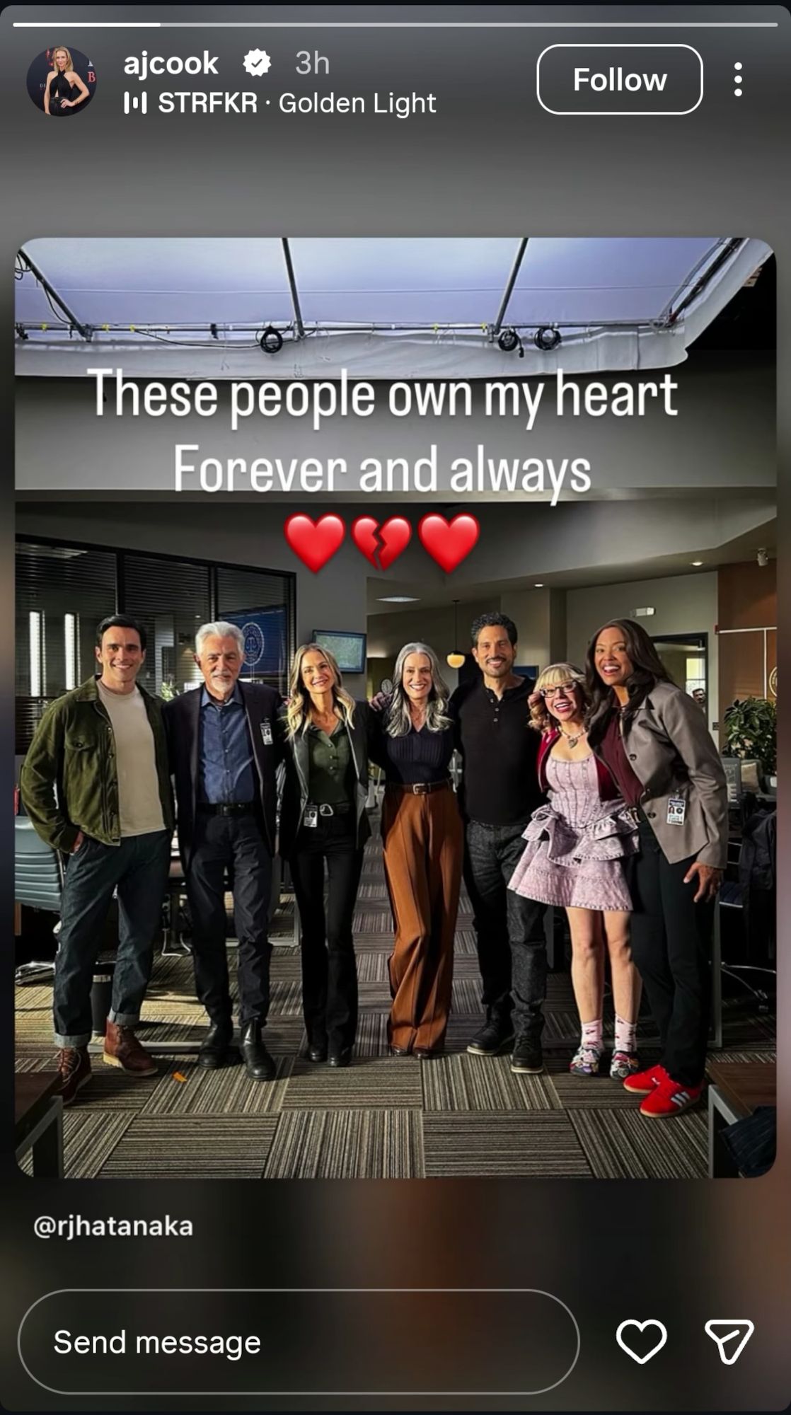 A.J. Cook reposting RJ Hatanaka's post with the cast of Criminal Minds.