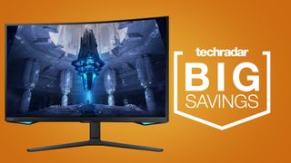 A gaming monitor against an orange background