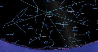 light blue lines emanate out from the gemini constellation, center. many other constellations hang in the surrounding sky, outlined in blue.