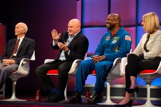 From left to right: Apollo program astronaut Michael Collins, astronauts Scott Kelly and Leland Melvin, and Ariane Cornell of Blue Origin.