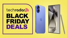 The iPhone 16 and Samsung Galaxy S24 Ultra on a yellow Black Friday deals background