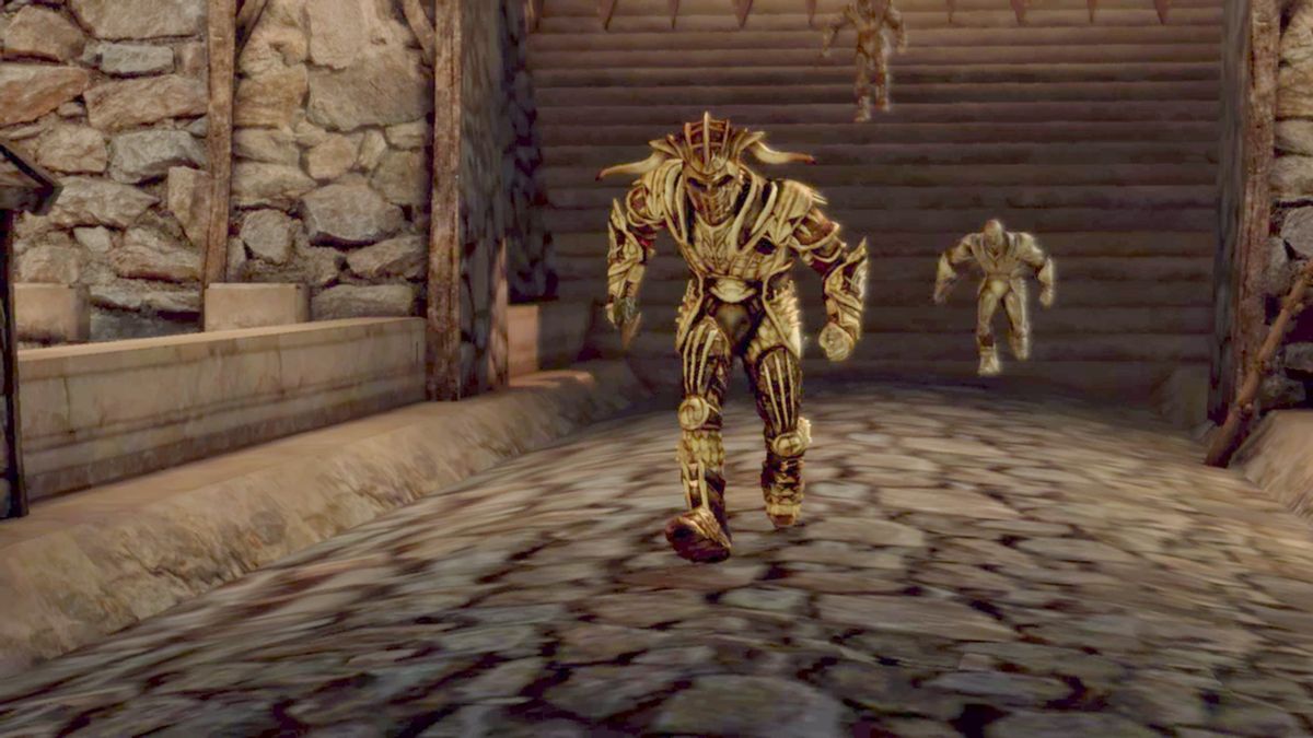 Dragon Age Origins: A Hurlock champion charges forward with a thrall following behind