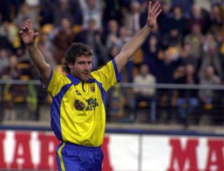 Martin Palermo celebrates a goal for Villarreal against Racing Santander in March 2001.