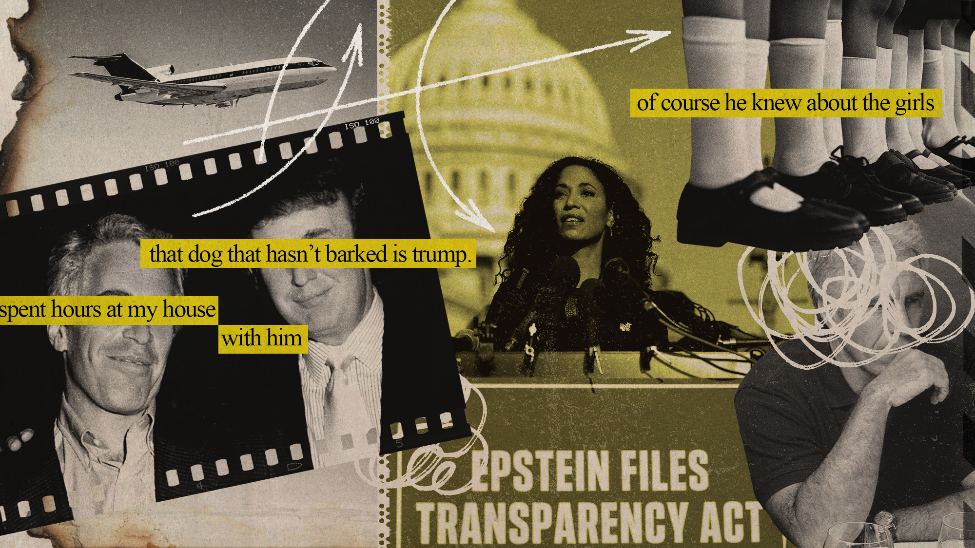 Photo collage of a Boeing 727, Trump and Epstein embracing, Epstein abuse survivor Lisa Phillips speaking in Capitol Hill, and little girls' legs, seen lined up in a corridor. Quotes from Epstein's emails overlay the image.