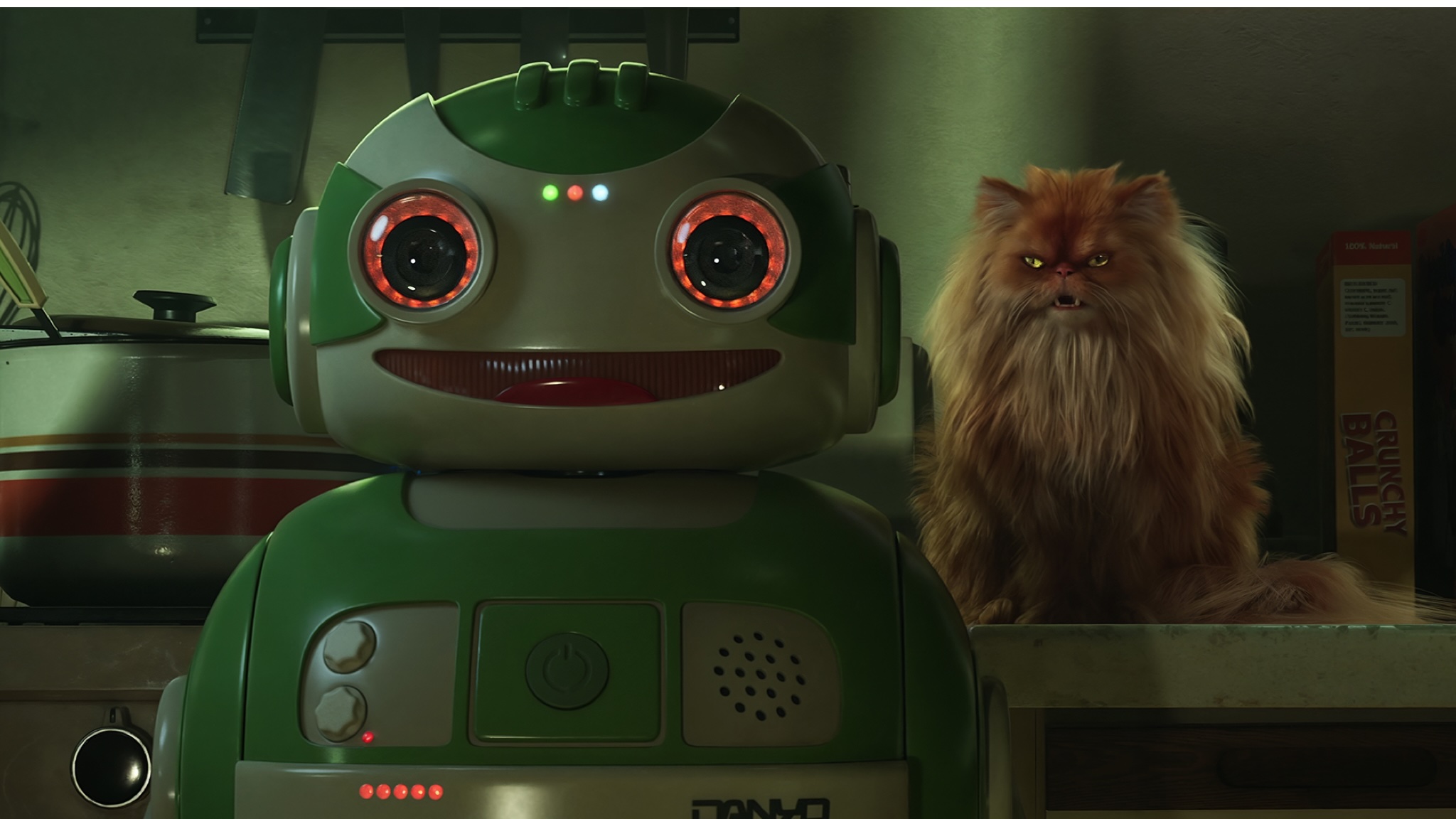 A green robot with a smiling face. A cat is slightly behind it, with what looks like an angry expression on its face. From Love, Death & Robots Volume 4