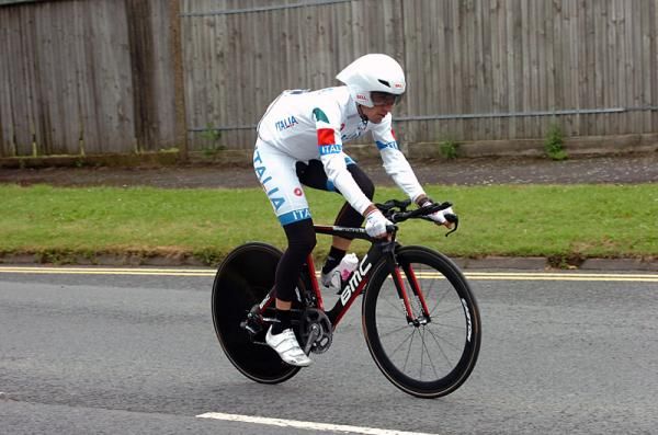 Five-time Italian time trial champion Marco Pinotti puts in some practice time on the Olympic TT course.