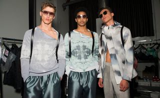 Backstage Emporio Armani S/S 2020 models wearing shades of grey