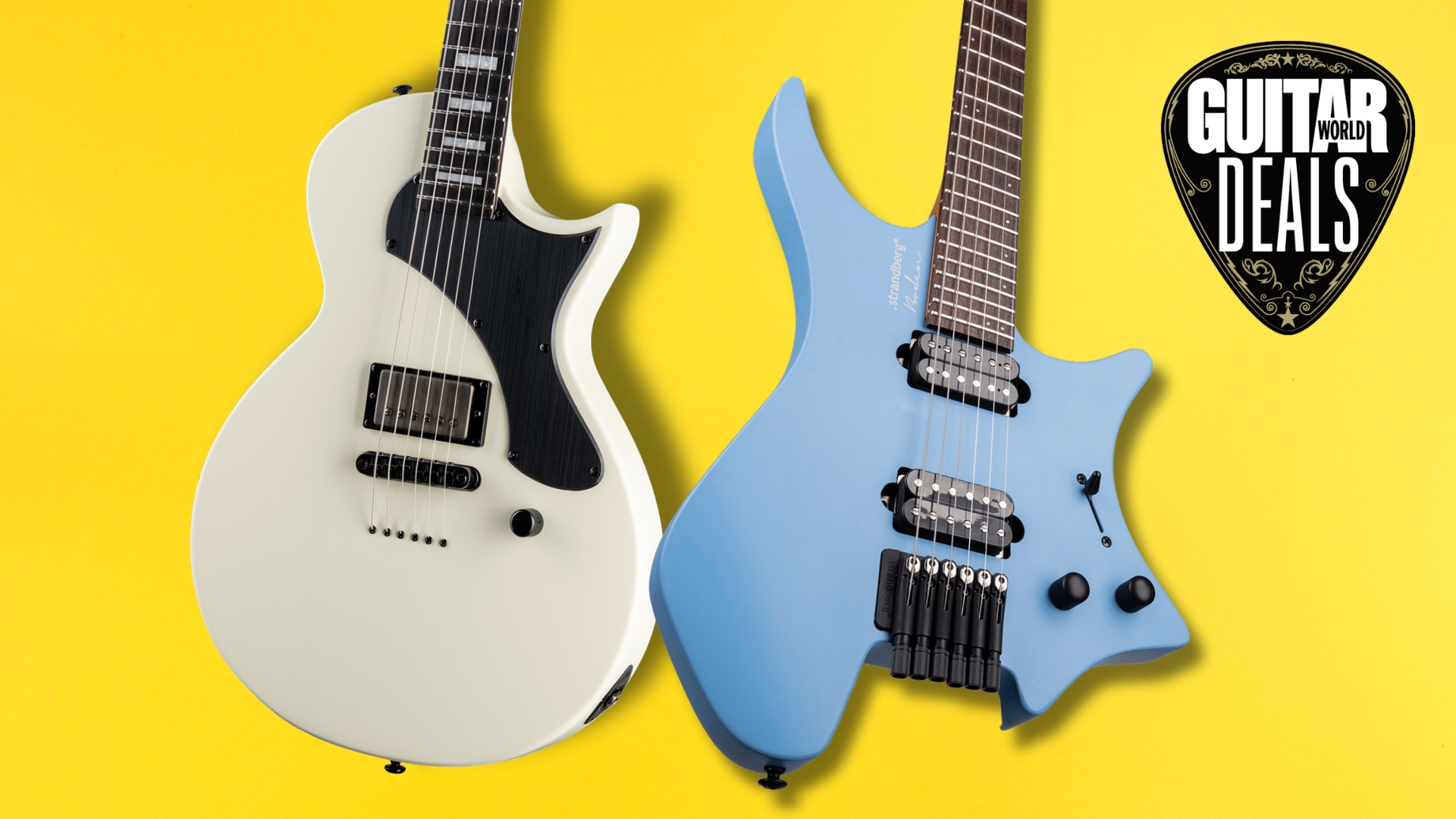 ESP and Strandberg electric guitars on a bright yellow background