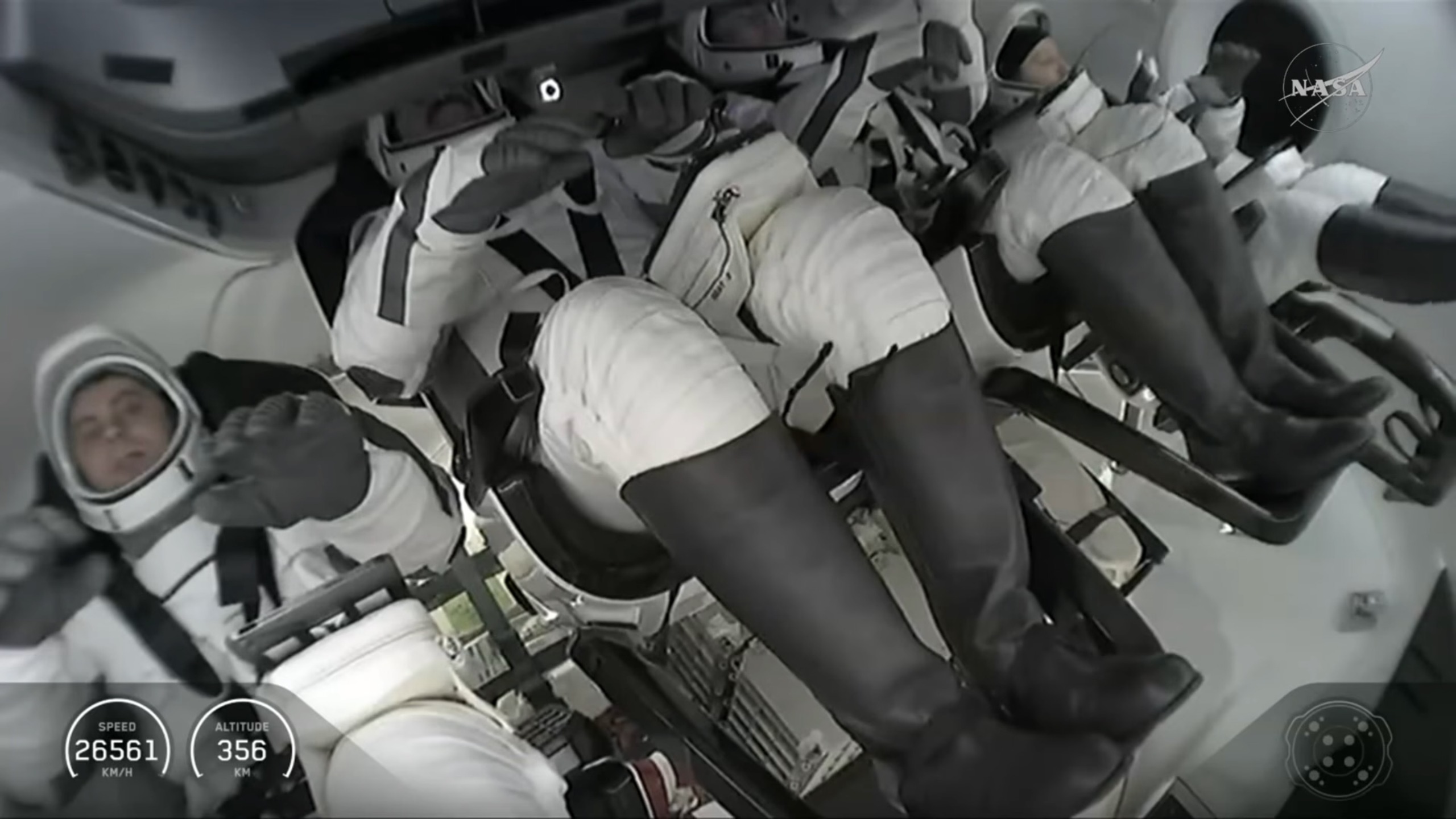 The four members of SpaceX's Crew-12 mission during their return to Earth on Oct. 8, 2026. From loft: cosmonaut Andrey Fedyaev, NASA's Jessica Meir and Jack Hathaway and Sophie Adenot of ESA.