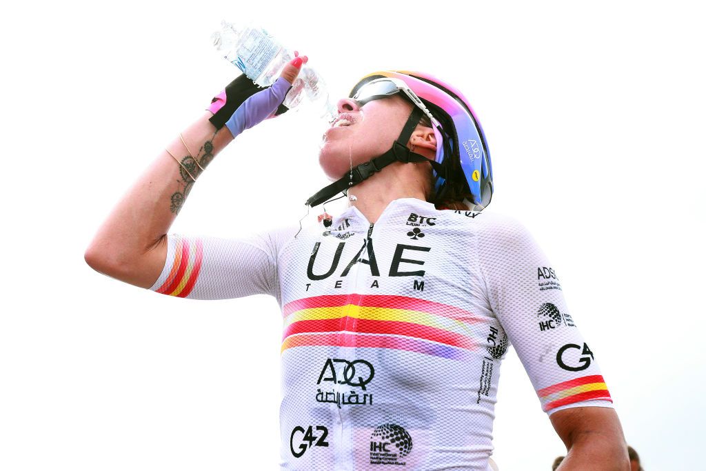 OJO GUARENA SPAIN MAY 21 Stage winner Margarita Victoria Garcia Caellas of Spain and UAE Team Adq reacts after the 7th Vuelta a Burgos Feminas 2022 Stage 3 a 1134km stage from Medina de Pomar to Monumento Natural de Ojo Guarea 767m VueltaBurgos BurgosFem UCIWWT on May 21 2022 in Ojo Guarea Spain Photo by Gonzalo Arroyo MorenoGetty Images