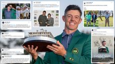 Rory McIlroy holds up The Masters trophy while screenshots of various messages of congratulations surround him