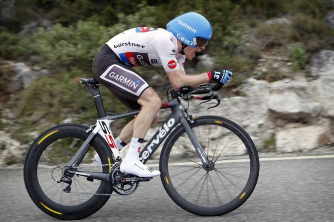 Andrew Talansky (Garmin-Sharp), in the best young rider's white skinsuit, powers to a second place finish on the Col d'Eze time trial and second place overall on general classification.