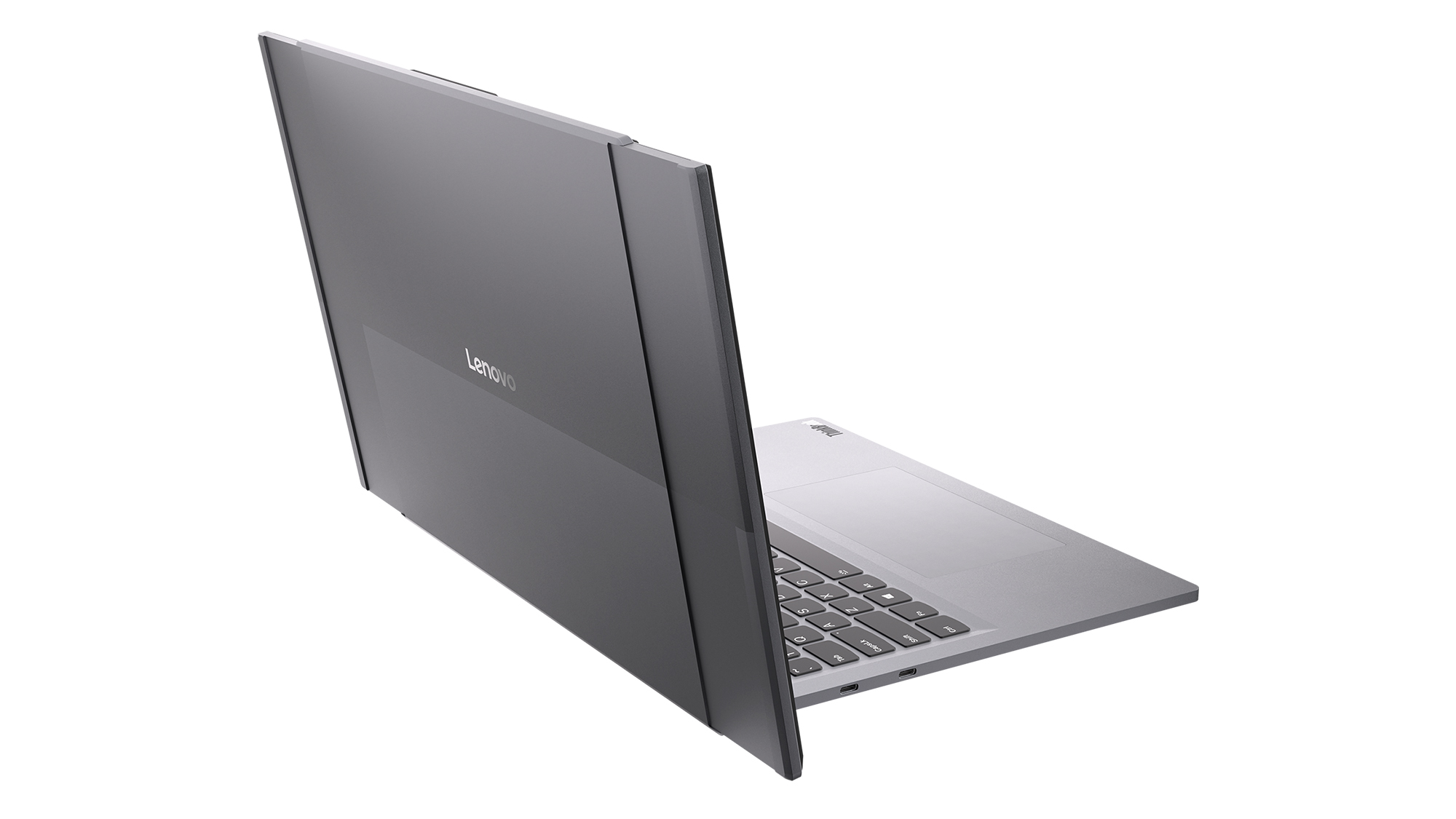 Rear angled view of the Lenovo Project Swan concept laptop, showcasing the back housing and mechanism of the horizontally expanding rollable screen.