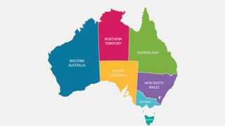 Colored map of Australia showing the different regions.