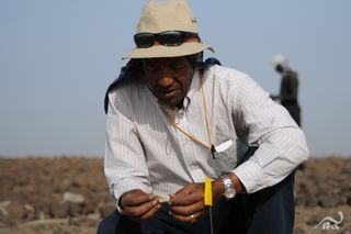 Lead author Dr. Yohannes Haile-Selassie, curator of physical anthropology at The Cleveland Museum of Natural History, in the field investigating a fossil fragment from the unknown hominin.