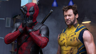 Deadpool with shocked face and Wolverine disgruntled