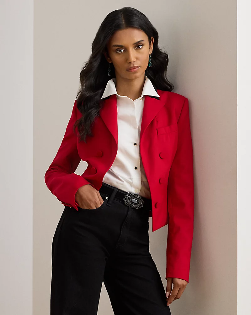 Velvet Trim Wool Twill Cropped Blazer