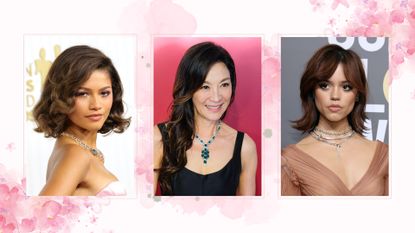 Collage of Zendaya, Michelle Yeoh and Jenna Ortega with trending summer hairstyles 2023 