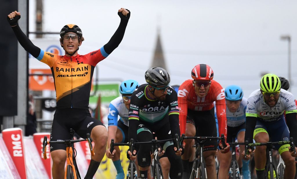 Bahrain McLaren Spanish rider Ivan Garcia Cortina L celebrates as he crosses the finish line at the end of the 2125 km 3rd stage of the 78th Paris Nice cycling race stage between ChalettesurLoing and La Chatre on March 10 2020 Photo by Alain JOCARD AFP Photo by ALAIN JOCARDAFP via Getty Images