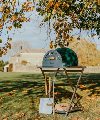 An emerald green pizza oven with door shut on a lawn on a fall day