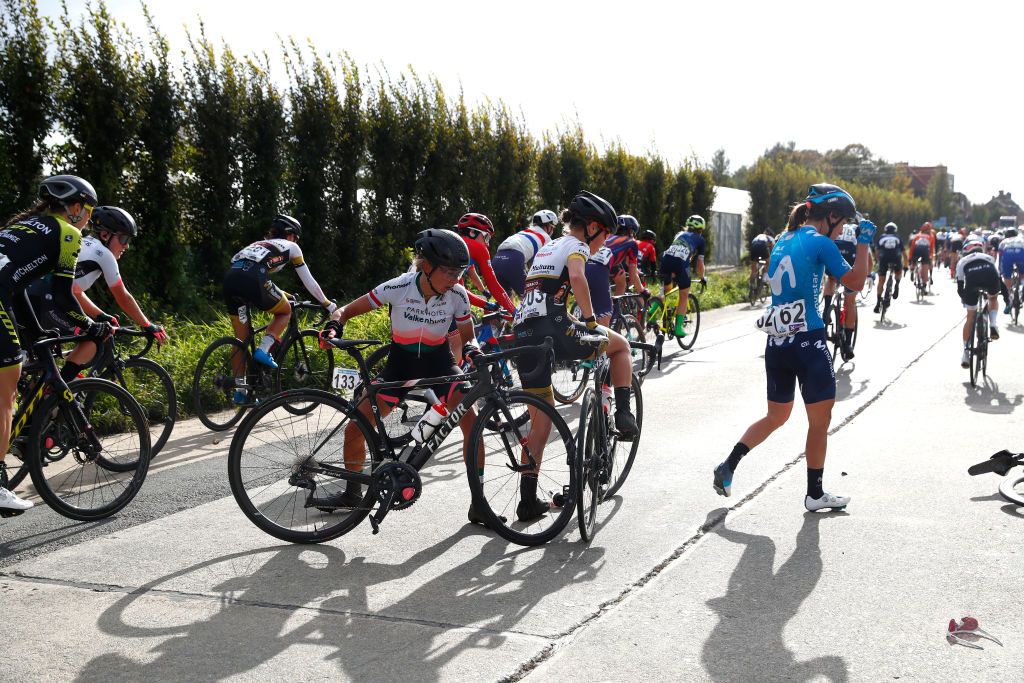 WEVELGEM BELGIUM OCTOBER 11 Jelena Eric of Serbia and Movistar Team Anouska Koster of Netherlands and Team Parkhotel Valkenburg Fien Delbaere of Belgium and Team Multum Accountants Lsk Ladies Crash during the 9th GentWevelgem In Flanders Fields 2020 Women Elite a 1414km race from Ieper to Wevelgem GentWevelgem FlandersClassic on October 11 2020 in Wevelgem Belgium Photo by Bas CzerwinskiGetty Images