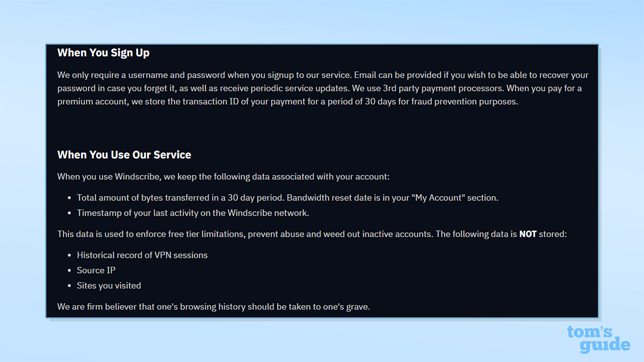 Screenshot of a section of Windscribe's privacy policy