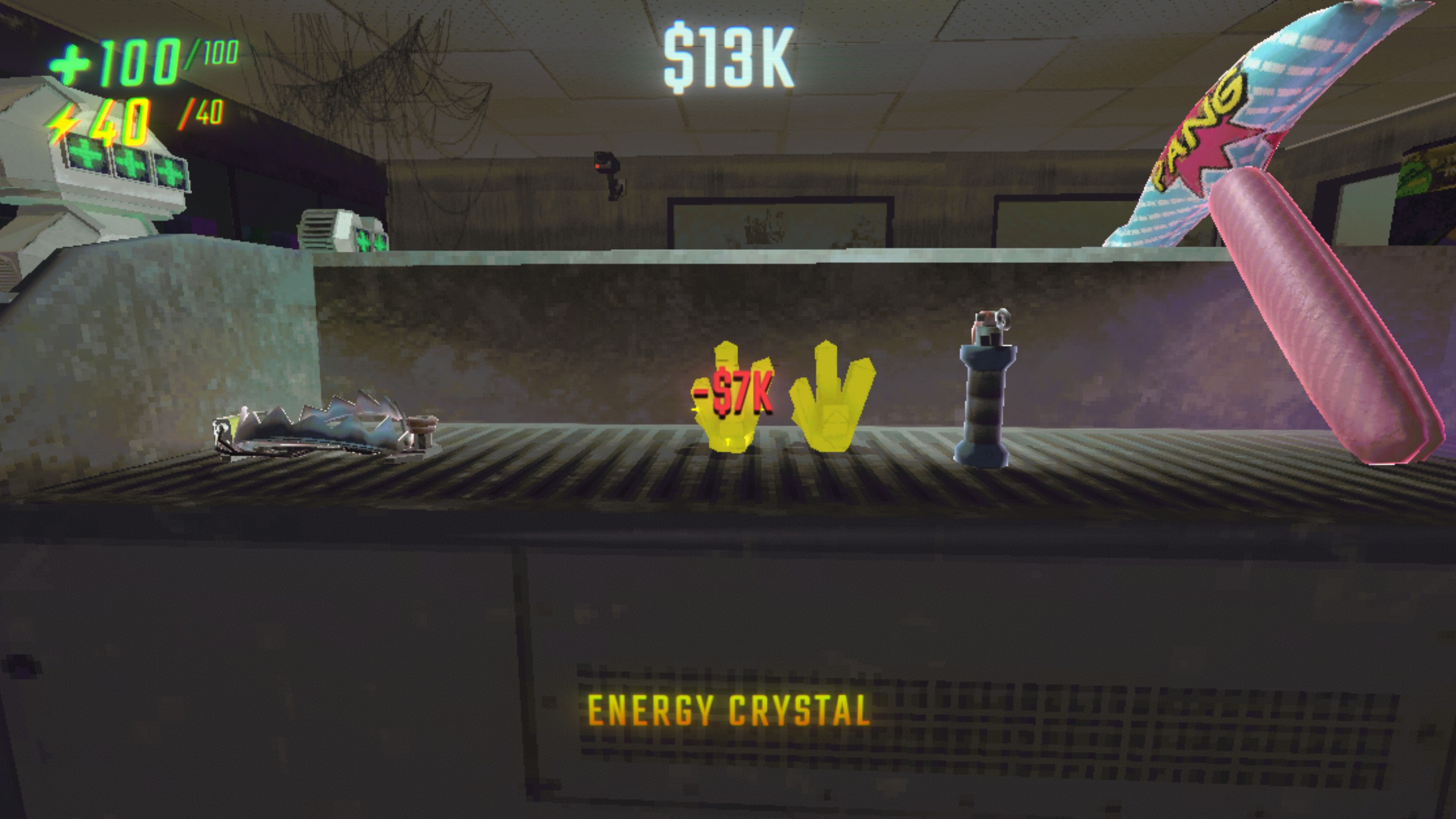 Two Energy Crystals available $7,000 in the REPO Service Station. They&#39;re sitting side by side next to other items, like a Trap and Inflatable Hammer.