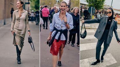 Aimee song in a red chanel cardigan during spring/summer 24 fashion week 