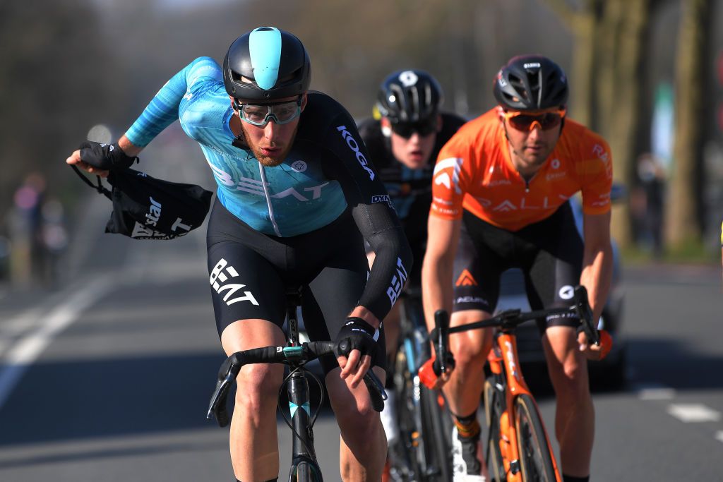 DOUR BELGIUM MARCH 02 Jan Willem van Schip of The Netherlands and Team Beat Cycling Joseph Rosskopf of The United States and Team Rally Cycling during the 53rd Grand Prix Le Samyn 2021 Mens Elite a 2054km race from Quaregnon to Dour Feeding Feed Zone Breakaway GPSamyn on March 02 2021 in Dour Belgium Photo by Luc ClaessenGetty Images
