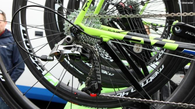 SRAM's mid-length WiFli rear derailleurs make the mechanics' lives a little easier since they don't have to change anything else when riders want to use bigger cassettes
