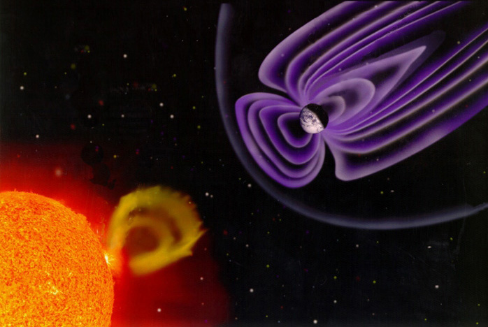 Solar wind presses against Earth&#039;s magnetic field, giving it a bow shock much like that of a boat in the water. During heavy solar ejections, the pressure can shove the magnetosphere into the Van Allen radiation belts, releasing dangerously charged electr