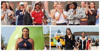 a collage of runways at Baum und Pferdgarten, Sinead O&#039;Dwyer, and OperaSport where women representing a mix of ages, races, and sizes model the spring/summer 2025 collections