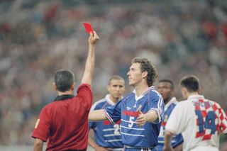 France defender Laurent Blanc is sent off against Croatia in the semi-finals of the 1998 World Cup.