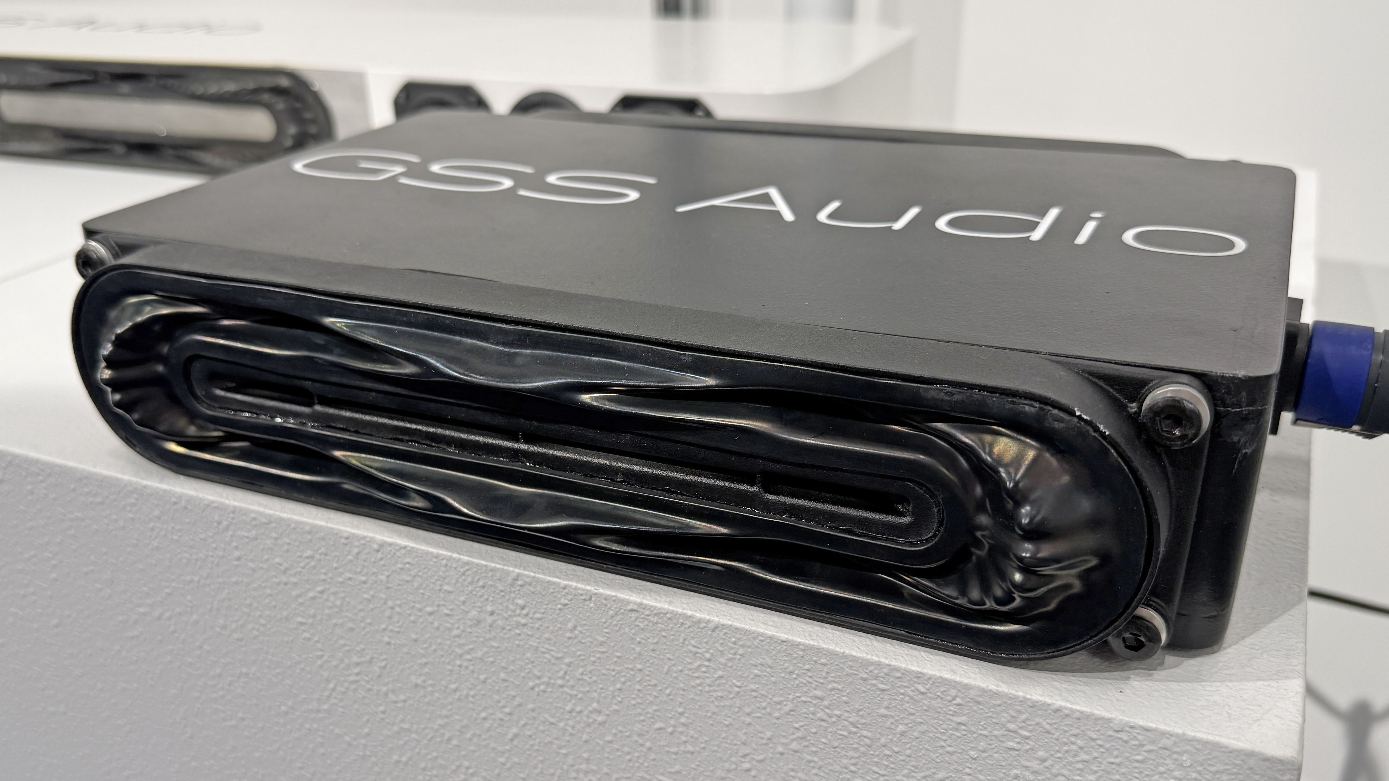 The GSS Model 1 transducer in the prototype subwoofer, showing the ridged design of the diaphragm