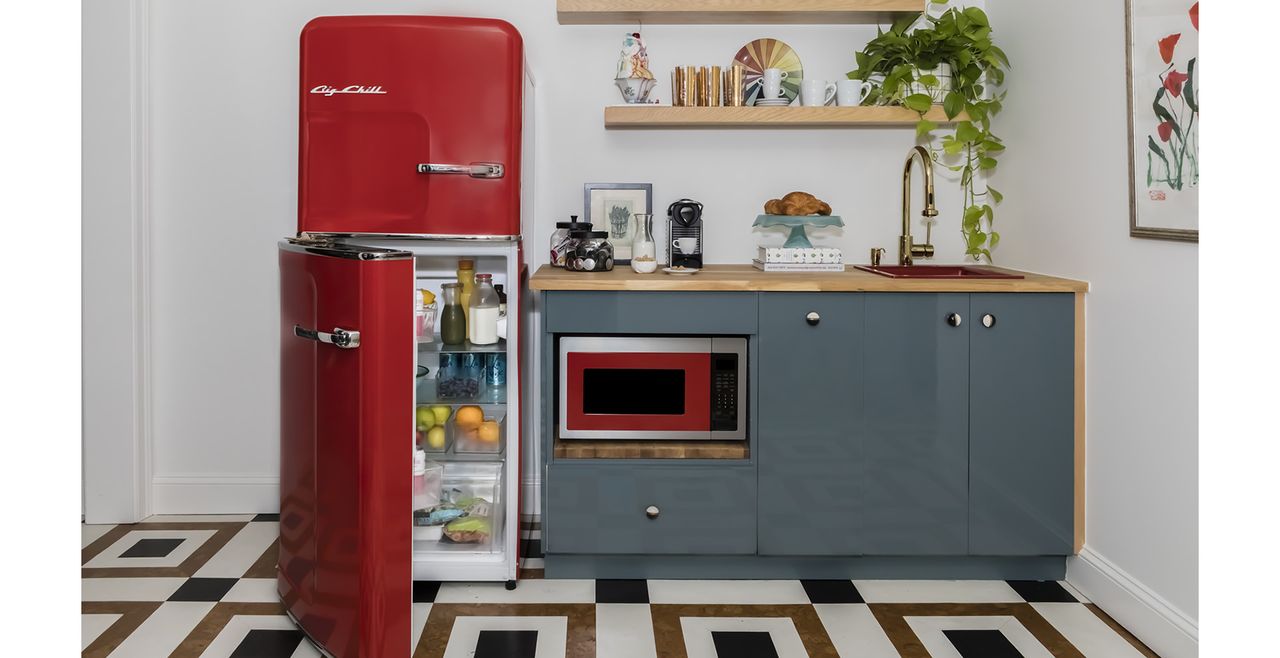 Red Retro Slim Big Chill refrigerator in small vintage-style kitchen