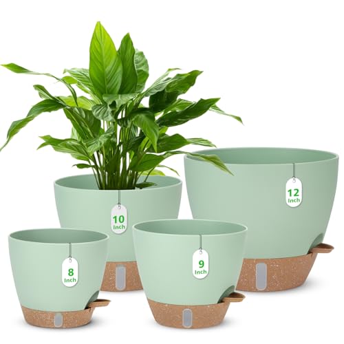 12" 10" 9" 8" Self Watering Pots With Water Level Indicator, Large Plastic Planters Set With Mesh Drainage Hole and Removable Saucer Reservoir, Big Flower Pot for Indoor Outdoor Plants (green)